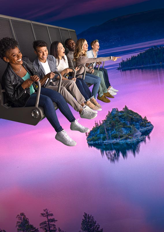 A group of people on a flight ride, superimposed over a view of an island on a lake