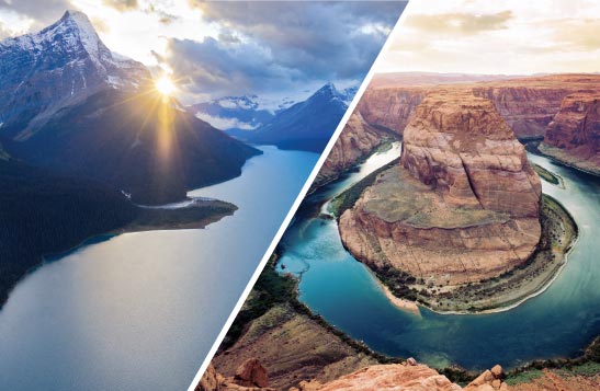 Split image with Canadian Rockies on the left, and a deep canyon with water on the right.