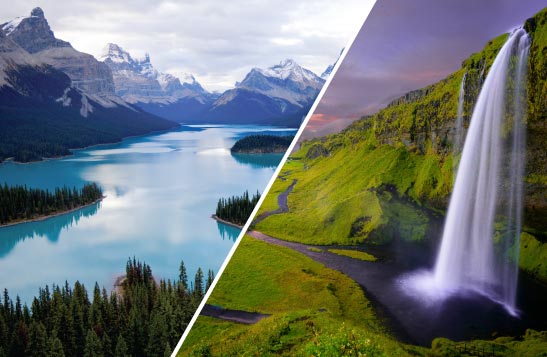 A lake between mountains. A waterfall in a green landscape.