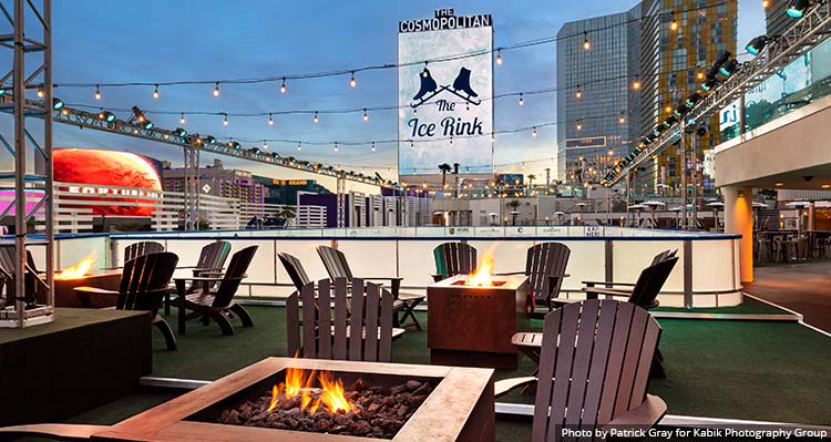 Outdoor fire pits and man made ice rink.