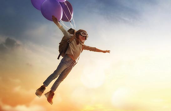 An illustration showing a child floating in the sky with balloons on their backpack.